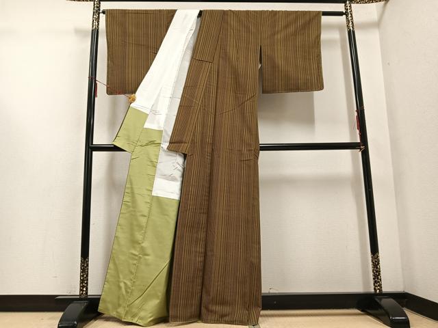平和屋着物●本場真綿絢結城紬　正倉院更紗文　反端付き　正絹　逸品　AABE8934ph