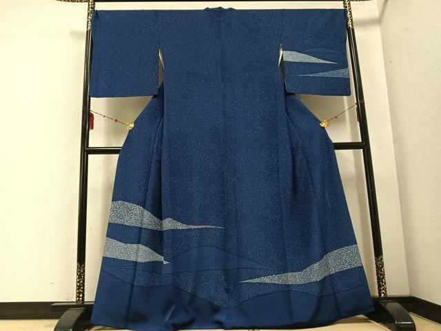 美品 正絹 藍染 竹 手縫い 小紋 着物 A3860 小紋 藍染 佐藤昭人 絞り 竹田耕三 国選定無形文化財 天然阿波藍灰汁