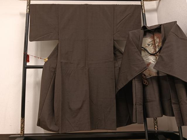 平和屋着物●男性　紬　アンサンブル　色無地　赤墨色　正絹　逸品　AABE8948ph