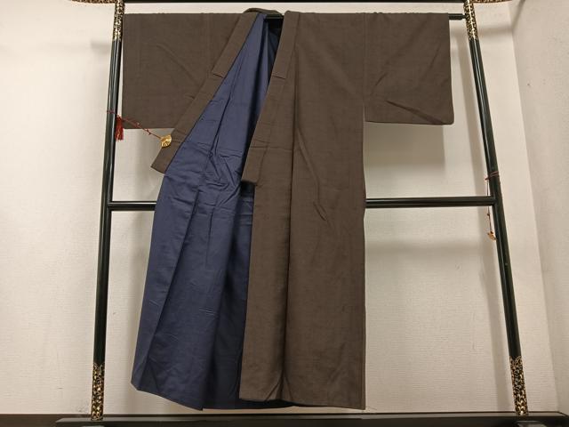 平和屋着物●男性　紬　アンサンブル　色無地　赤墨色　正絹　逸品　AABE8948ph