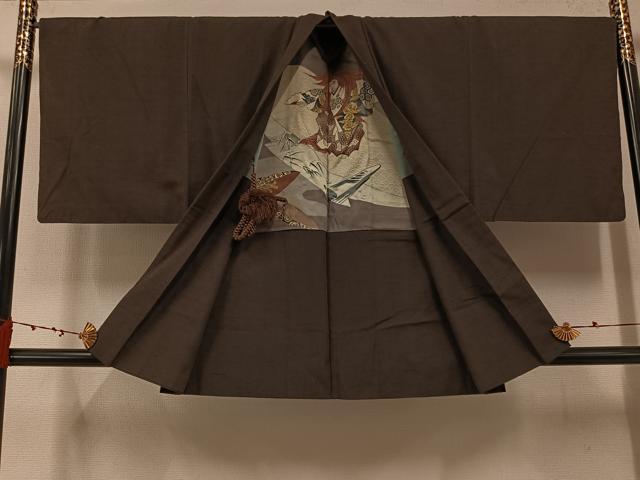 平和屋着物●男性　紬　アンサンブル　色無地　赤墨色　正絹　逸品　AABE8948ph