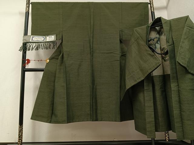 平和屋着物●男性　信州紬　アンサンブル　草木染　手織り　反端付き　正絹　逸品　AABE8950ph 平和屋着物○男性 信州紬 アンサンブル 草木染 手織り 反端付き 正絹