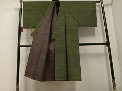 平和屋着物●男性　信州紬　アンサンブル　草木染　手織り　反端付き　正絹　逸品　AABE8950ph