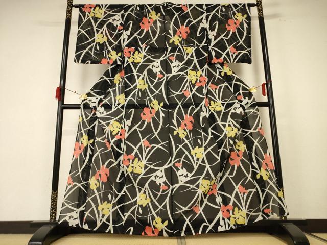 平和屋着物＊夏物 小紋 絽 草花文 洗える着物 AABE8973jd