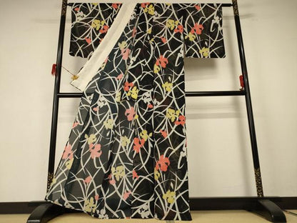 平和屋着物＊夏物 小紋 絽 草花文 洗える着物 AABE8973jd