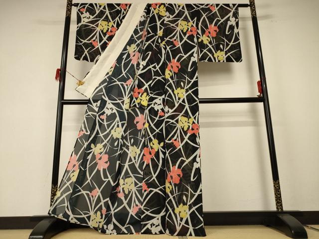 平和屋着物＊夏物 小紋 絽 草花文 洗える着物 AABE8973jd