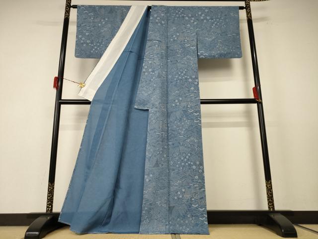 平和屋着物＊夏物 小紋 絽 正藍染 型染め 風景草花文 反端付き 正絹 逸品 AABE9020jd