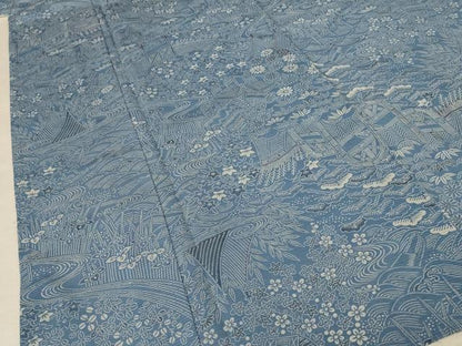 平和屋着物＊夏物 小紋 絽 正藍染 型染め 風景草花文 反端付き 正絹 逸品 AABE9020jd