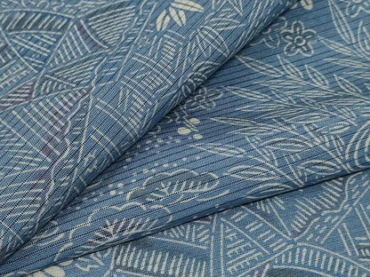 平和屋着物＊夏物 小紋 絽 正藍染 型染め 風景草花文 反端付き 正絹 逸品 AABE9020jd