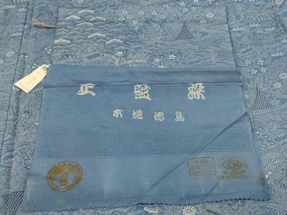 平和屋着物＊夏物 小紋 絽 正藍染 型染め 風景草花文 反端付き 正絹 逸品 AABE9020jd