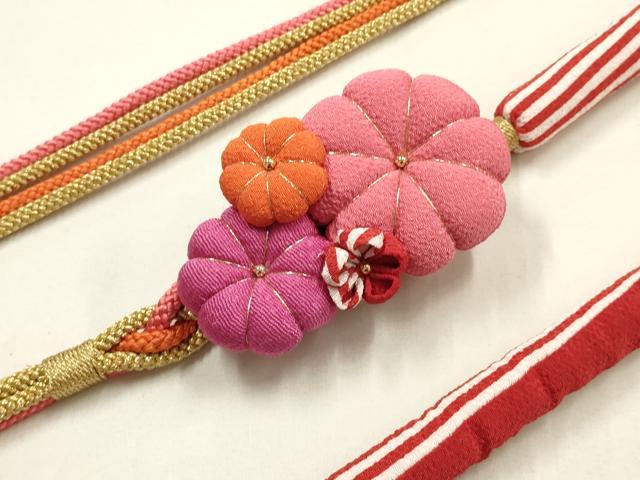 平和屋着物●和装小物　振袖用帯締め　丸ぐけ　装飾　つまみ細工　ちりめん細工　金糸　逸品　未使用　AABE9058ay