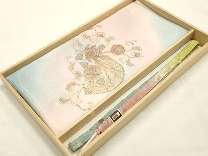 平和屋本店●和装小物　帯締め・帯揚げセット　刺繍　更紗花文　暈し染め　金糸　正絹　逸品　未使用　AABE9090ay