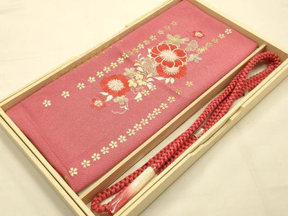 平和屋本店●和装小物　帯締め・帯揚げセット　振袖用　刺繍　花柄　金銀糸　金彩　撚り房　正絹　逸品　未使用　AABE9099ay