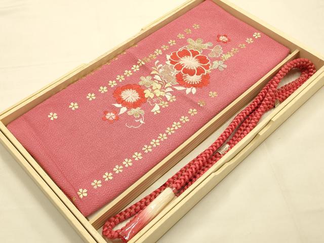平和屋本店●和装小物　帯締め・帯揚げセット　振袖用　刺繍　花柄　金銀糸　金彩　撚り房　正絹　逸品　未使用　AABE9099ay