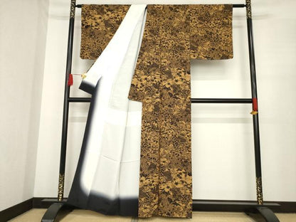 平和屋着物●上質な小紋　型染め　流水風景花文　正絹　逸品　AABE9204ck