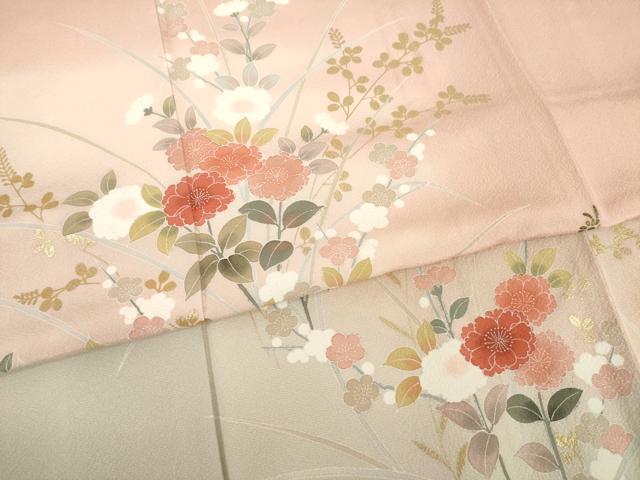 平和屋着物●訪問着　友禅　草花文　暈し染め　金彩　正絹　逸品　AABE9205ck