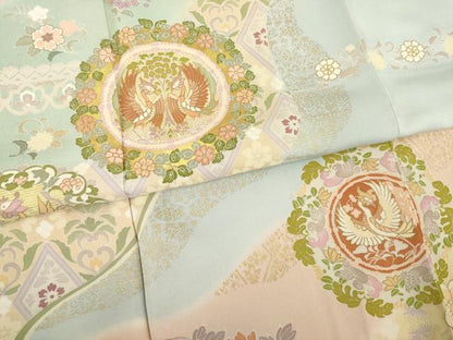 平和屋着物●訪問着　友禅　駒刺繍　向い鳥花丸文　暈し染め　金彩　正絹　逸品　AABE9209ck