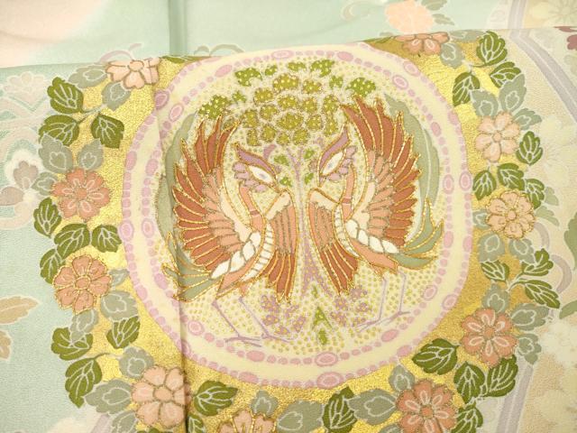 平和屋着物●訪問着　友禅　駒刺繍　向い鳥花丸文　暈し染め　金彩　正絹　逸品　AABE9209ck
