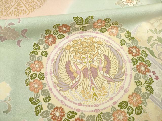 平和屋着物●訪問着　友禅　駒刺繍　向い鳥花丸文　暈し染め　金彩　正絹　逸品　AABE9209ck