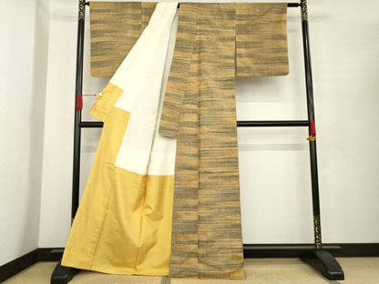 平和屋着物●郡上紬　草木染　横段文　正絹　逸品　AABE9216ck