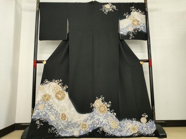 平和屋着物●訪問着　駒刺繍　道長花文　黒地　金彩　ロング丈　正絹　逸品　AABE9217ck
