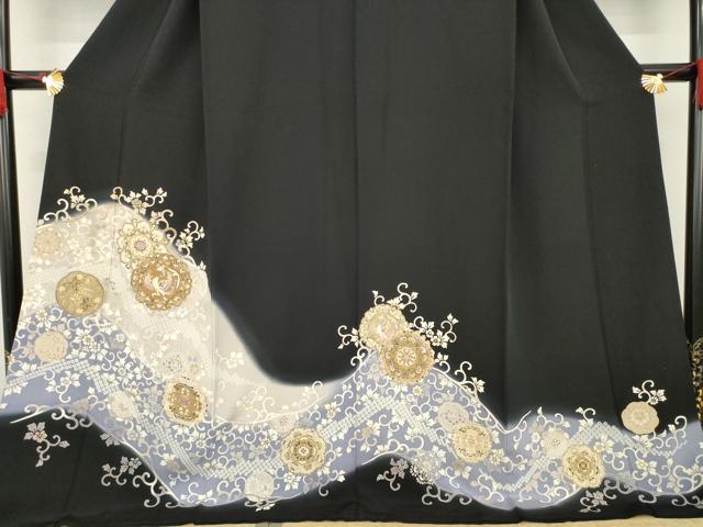 平和屋着物●訪問着　駒刺繍　道長花文　黒地　金彩　ロング丈　正絹　逸品　AABE9217ck