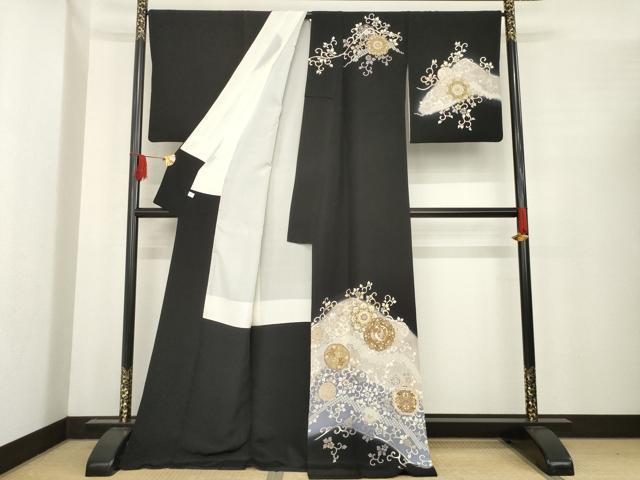 平和屋着物●訪問着　駒刺繍　道長花文　黒地　金彩　ロング丈　正絹　逸品　AABE9217ck