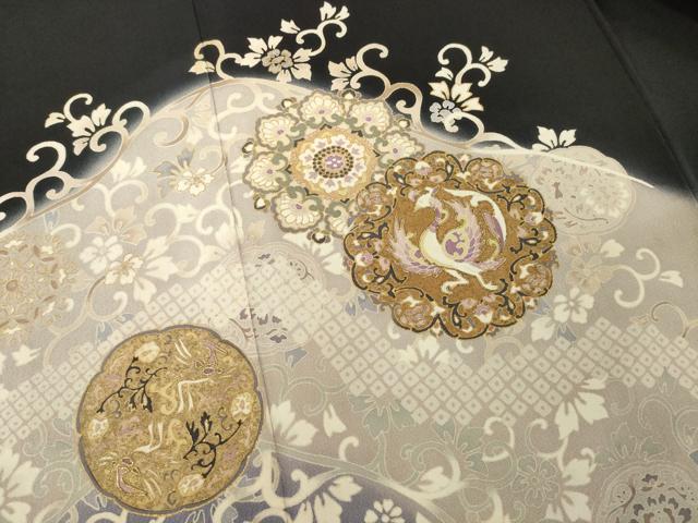 平和屋着物●訪問着　駒刺繍　道長花文　黒地　金彩　ロング丈　正絹　逸品　AABE9217ck
