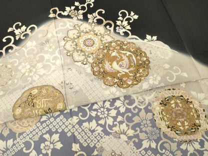 平和屋着物●訪問着　駒刺繍　道長花文　黒地　金彩　ロング丈　正絹　逸品　AABE9217ck