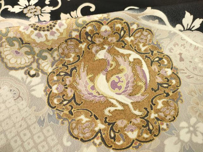 平和屋着物●訪問着　駒刺繍　道長花文　黒地　金彩　ロング丈　正絹　逸品　AABE9217ck