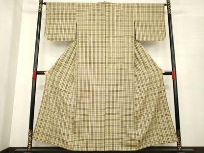 平和屋着物●ざざんざ織　伊兵衛織　単衣　格子　正絹　逸品　AABE9224ck