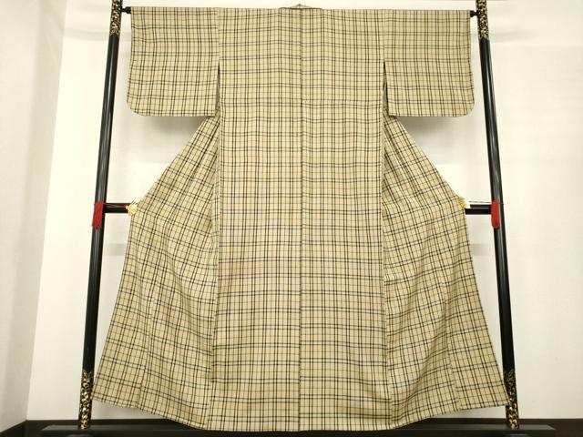 平和屋着物●ざざんざ織　伊兵衛織　単衣　格子　正絹　逸品　AABE9224ck