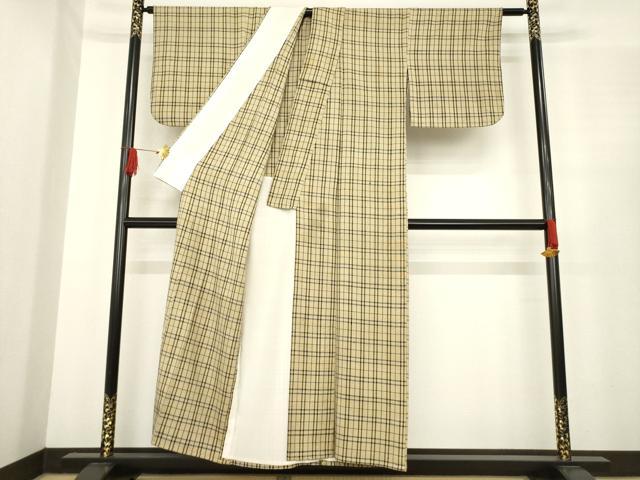 平和屋着物●ざざんざ織　伊兵衛織　単衣　格子　正絹　逸品　AABE9224ck