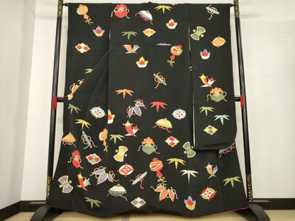 平和屋着物●豪華振袖　友禅　宝尽くし　黒地　金彩　正絹　逸品　AABE9236ck
