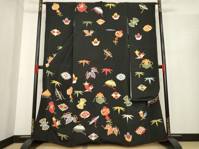 平和屋着物●豪華振袖　友禅　宝尽くし　黒地　金彩　正絹　逸品　AABE9236ck