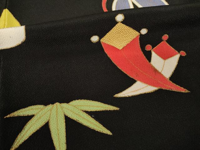 平和屋着物●豪華振袖　友禅　宝尽くし　黒地　金彩　正絹　逸品　AABE9236ck