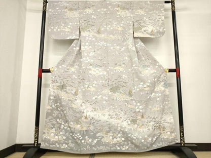 平和屋着物●訪問着　作家物　中国三大刺繍　スワトウ刺繍　汕頭刺繍　風景文　暈し染め　金彩　金通し地　正絹　逸品　AABE9242ck