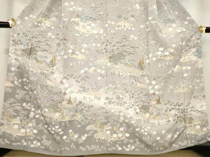 平和屋着物●訪問着　作家物　中国三大刺繍　スワトウ刺繍　汕頭刺繍　風景文　暈し染め　金彩　金通し地　正絹　逸品　AABE9242ck