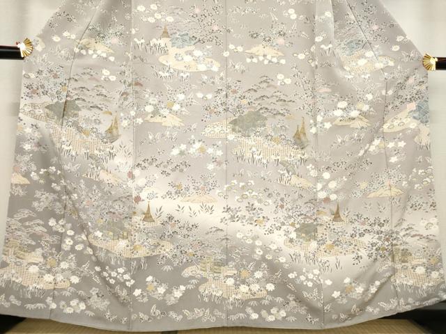 平和屋着物●訪問着　作家物　中国三大刺繍　スワトウ刺繍　汕頭刺繍　風景文　暈し染め　金彩　金通し地　正絹　逸品　AABE9242ck