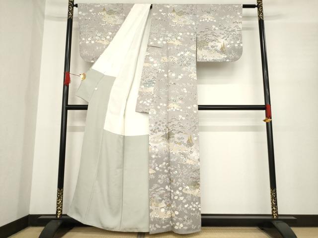 平和屋着物●訪問着　作家物　中国三大刺繍　スワトウ刺繍　汕頭刺繍　風景文　暈し染め　金彩　金通し地　正絹　逸品　AABE9242ck