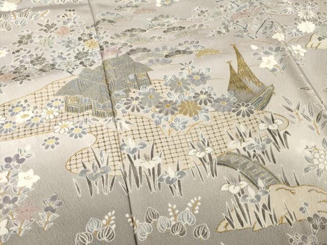 平和屋着物●訪問着　作家物　中国三大刺繍　スワトウ刺繍　汕頭刺繍　風景文　暈し染め　金彩　金通し地　正絹　逸品　AABE9242ck
