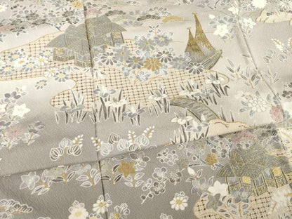 平和屋着物●訪問着　作家物　中国三大刺繍　スワトウ刺繍　汕頭刺繍　風景文　暈し染め　金彩　金通し地　正絹　逸品　AABE9242ck