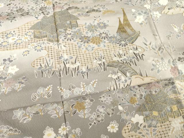 平和屋着物●訪問着　作家物　中国三大刺繍　スワトウ刺繍　汕頭刺繍　風景文　暈し染め　金彩　金通し地　正絹　逸品　AABE9242ck