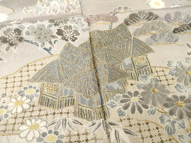 平和屋着物●訪問着　作家物　中国三大刺繍　スワトウ刺繍　汕頭刺繍　風景文　暈し染め　金彩　金通し地　正絹　逸品　AABE9242ck