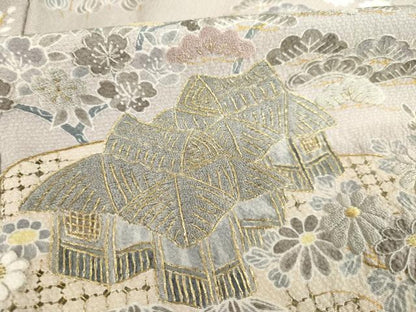 平和屋着物●訪問着　作家物　中国三大刺繍　スワトウ刺繍　汕頭刺繍　風景文　暈し染め　金彩　金通し地　正絹　逸品　AABE9242ck