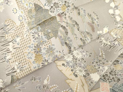 平和屋着物●訪問着　作家物　中国三大刺繍　スワトウ刺繍　汕頭刺繍　風景文　暈し染め　金彩　金通し地　正絹　逸品　AABE9242ck
