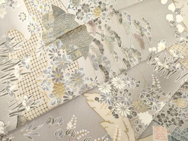 平和屋着物●訪問着　作家物　中国三大刺繍　スワトウ刺繍　汕頭刺繍　風景文　暈し染め　金彩　金通し地　正絹　逸品　AABE9242ck