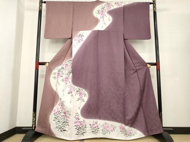 平和屋着物●染色の魔術師　染乃座・大久保玄才　そめのざ玄才　訪問着　藤花房　草花　銀通し地　反端付き　正絹　逸品　AABE9253ck 平和屋着物○染色の魔術師 染乃座・大久保玄才 そめのざ玄才 訪問着