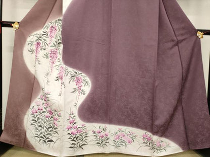 平和屋着物●染色の魔術師　染乃座・大久保玄才　そめのざ玄才　訪問着　藤花房　草花　銀通し地　反端付き　正絹　逸品　AABE9253ck