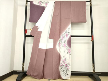平和屋着物●染色の魔術師　染乃座・大久保玄才　そめのざ玄才　訪問着　藤花房　草花　銀通し地　反端付き　正絹　逸品　AABE9253ck
